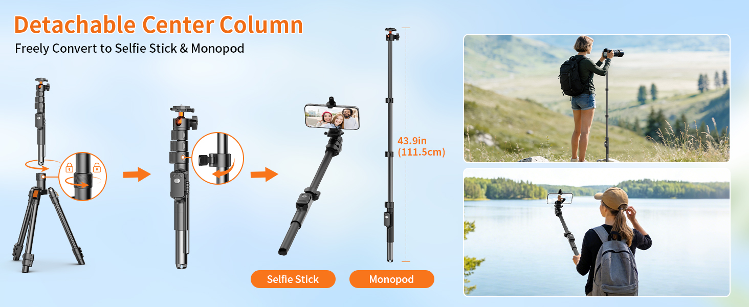 Detachable Center Column is Converted to Selfie Stick & Monopod Freely