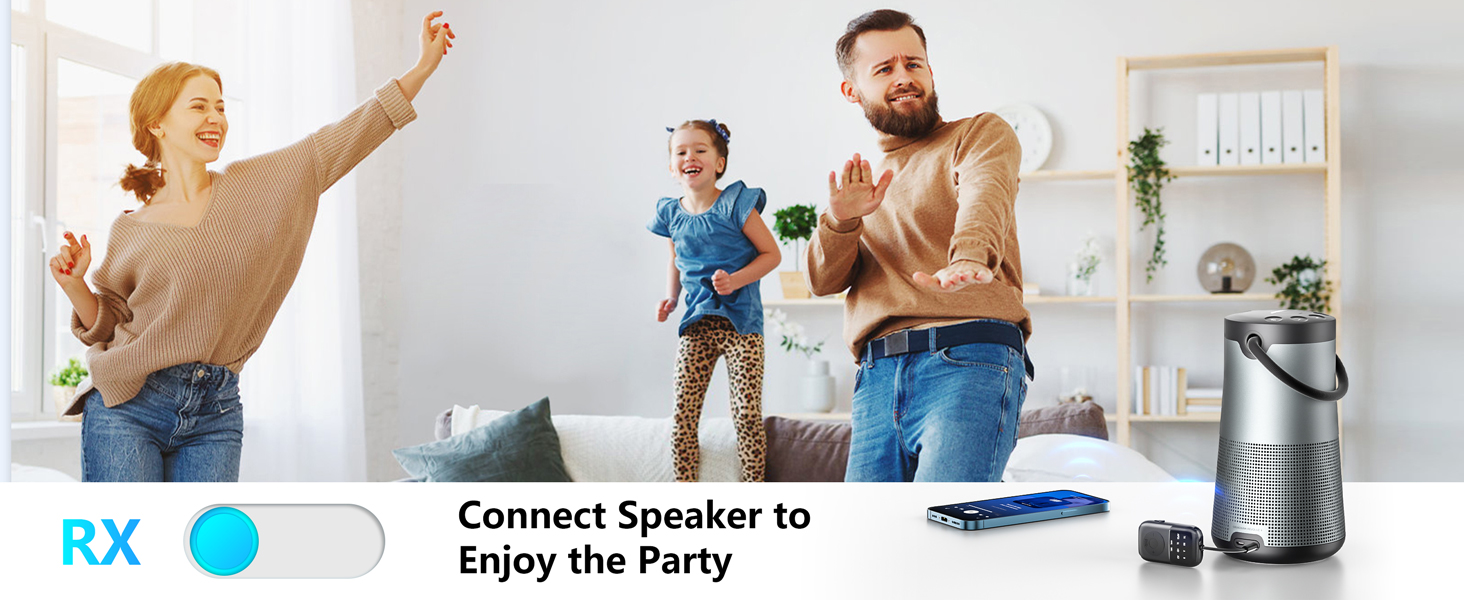 Living room scene with wireless speaker setup interface displayed, showing 'Connect Speaker to Enjoy the Party' message.