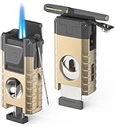 6-in-1 Triple Jet Windproof Torch Lighter Refillable Butane with Built-in Cutter, Punch, Holder &...
