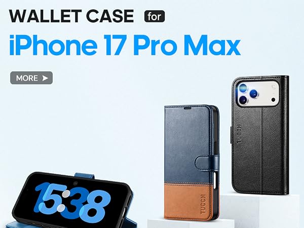 Text reads 'WALLET CASE PRO', 'iPhone 17 Pro Max', 'Version 2'. Three wallet cases in navy and brown tones with card slots shown in different angles.