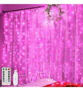 Ollny Curtain Lights 200LED 6.6x6.6ft, USB Pink Christmas Curtain Lights with Remote 8 Modes Time...