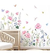 Supzone Watercolor Wildflower Wall Decals Colorful Garden Flower Grass Butterflies Wall Stickers ...