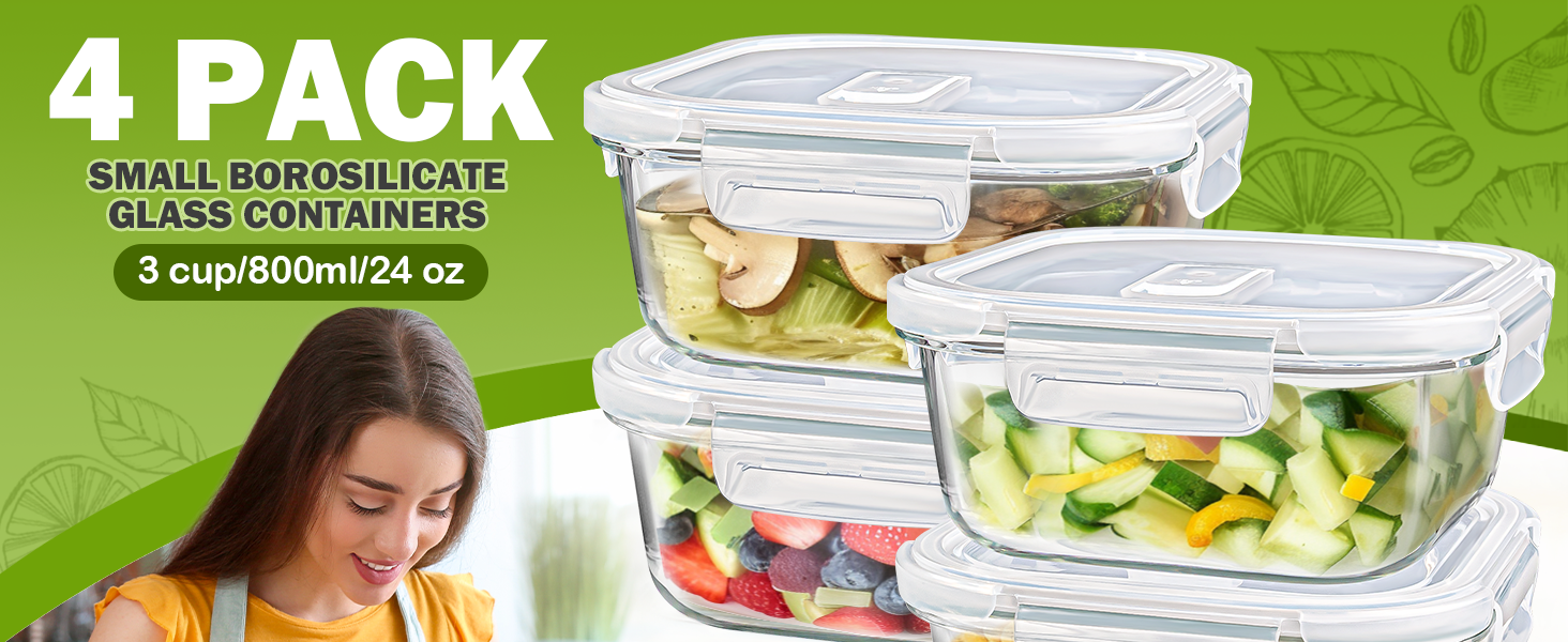 3 Cup Glass Storage Containers with Lids 24 oz, Small Square Borosilicate Glass Food Storage