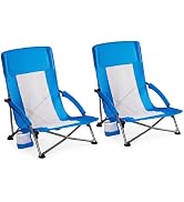 DUMOS Low Camping Beach Chairs 2 Pack, Folding Portable Beach Chair with Cup Holder, Storage Pock...