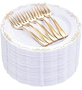 LIYH 100pcs Gold Dessert Plates and 100pcs Gold Plastic Forks,White Appetizer Plates,Disposable S...
