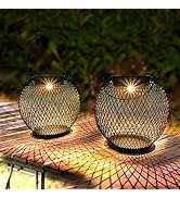 Solar Lanterns - 2 Pack Hanging Solar Lights Outdoor Waterproof, Mesh Metal Lantern Decorative So...