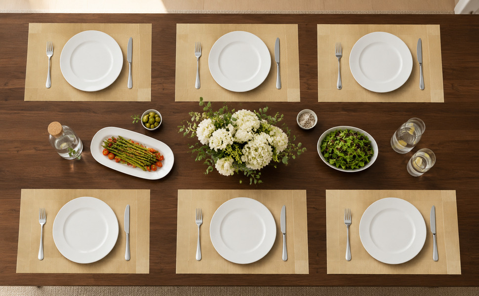 Six coordinated champagne gold placemats arranged on a walnut dining table