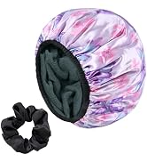 Yonchic Purple Butterfly Print Satin Shower Cap, Three-Layer Terry Cloth Lined, with Silk Hair Ti...