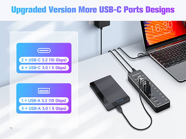 10 port usb c hub with 6 usb-c data ports and 4 usb-a data ports