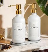 White Glass Soap Dispenser Set of 2, 16oz Hand and Dish Soap Dispenser for Kitchen & Bathroom, Go...