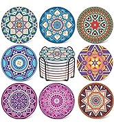 LIFVER 8 Packs Absorbent Drink Coaster Sets, Mandala Style Ceramic Coasters with Holder, 4 Inches...