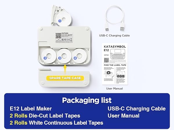 Label maker machine with 4 tapes: 2 die-cut and 2 continuous white labels