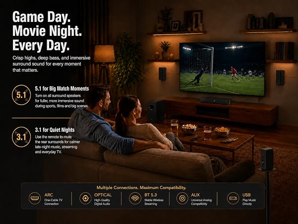 2 Wireless Rear Surround, 2 Wired Front Speakers, Real Cinema — At Home.