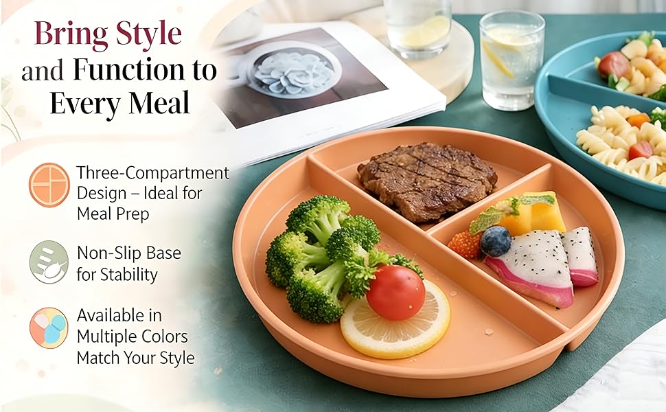 Portion Control Plate, 9 Inch Round Divided Plates, 3 Compartment Dinner Plates