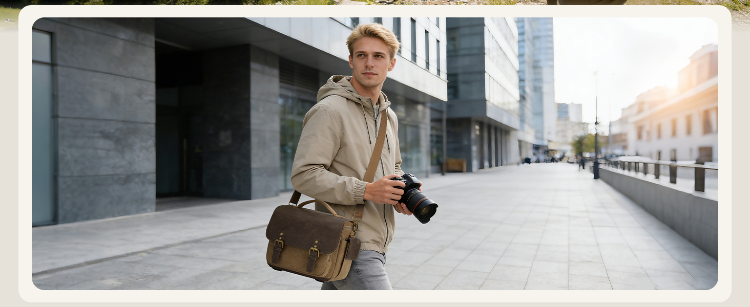 Urban lifestyle product photography showing tan leather messenger bag in various angles against modern architectural background with concrete and glass elements.