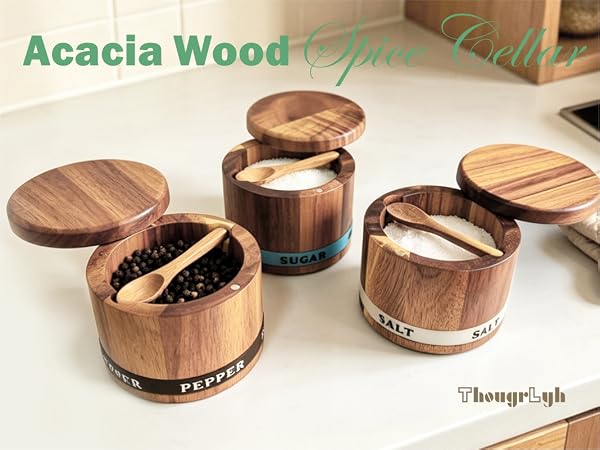 ThougrLyh Acacia Wood Salt Cellar with Swivel Lid and Built-in Spoon for Countertop Spice Storage