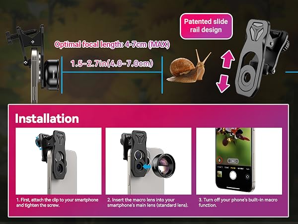 Text reads: 'Installation' with three-step instruction images showing smartphone lens clip attachment process. Product appears to be a clip-on camera lens with patented slide design.