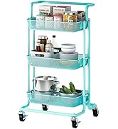 PUSDON 3-Tier Rolling Utility Cart, Metal Mesh Trolley Service Cart with Locking Wheels and Remov...
