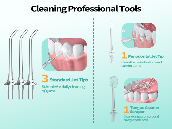 Dental cleaning tools including three standard jet tips, one periodontal jet tip, and one tongue cleaner scraper. Images show usage on teeth and gums.