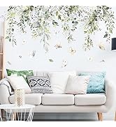Supzone Hanging Green Leaves Wall Decals Watercolor Plants Wall Stickers Large Floral Butterfly W...