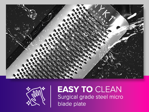 Close-up of a stainless steel micro blade plate with numerous small holes. Text below states 'EASY TO CLEAN Surgical grade steel micro blade plate'.