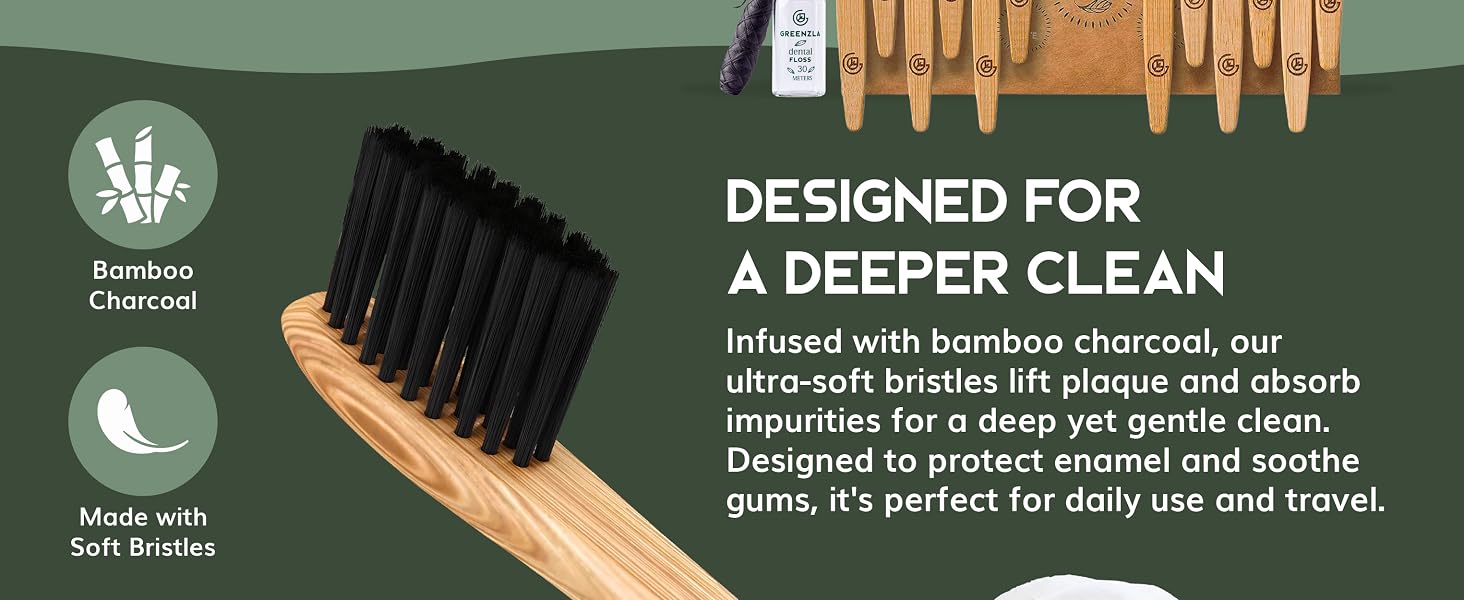Greenzla Natural Bamboo soft bristle toothbrush, toothbrushes for adults, charcoal dental floss