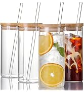 4 Set 20 OZ Drinking Glasses with Bamboo Lids and Straws, Borosilicate Glass Tumbler Cups - Tall ...