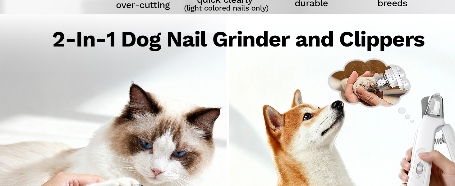 Ragdoll cat and Shiba Inu with 2-in-1 electric nail grinder and clippers shown for paw trimming