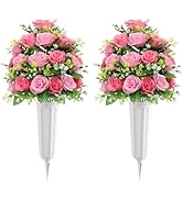 U'Artlines 2Pcs Artificial Cemetery Flowers with Vase for Grave, Silk Memorial Day Rose Flowers B...