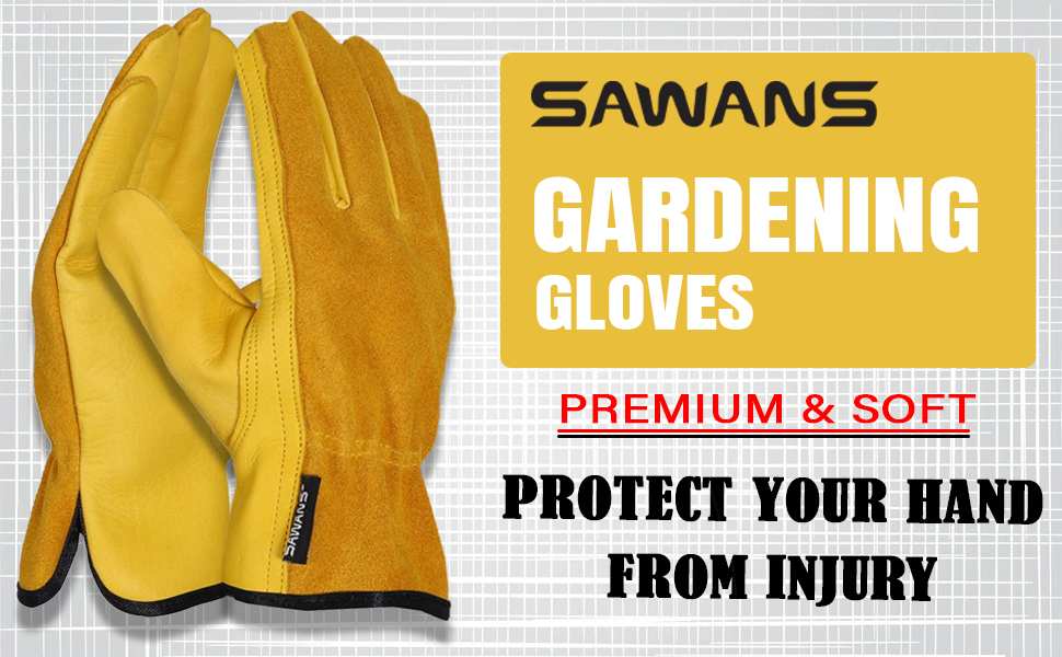 Yellow leather gardening gloves with reinforced palms. Product name 'Sawans Gardening Gloves' visible. Advertised as premium, soft, and protective against hand injuries.