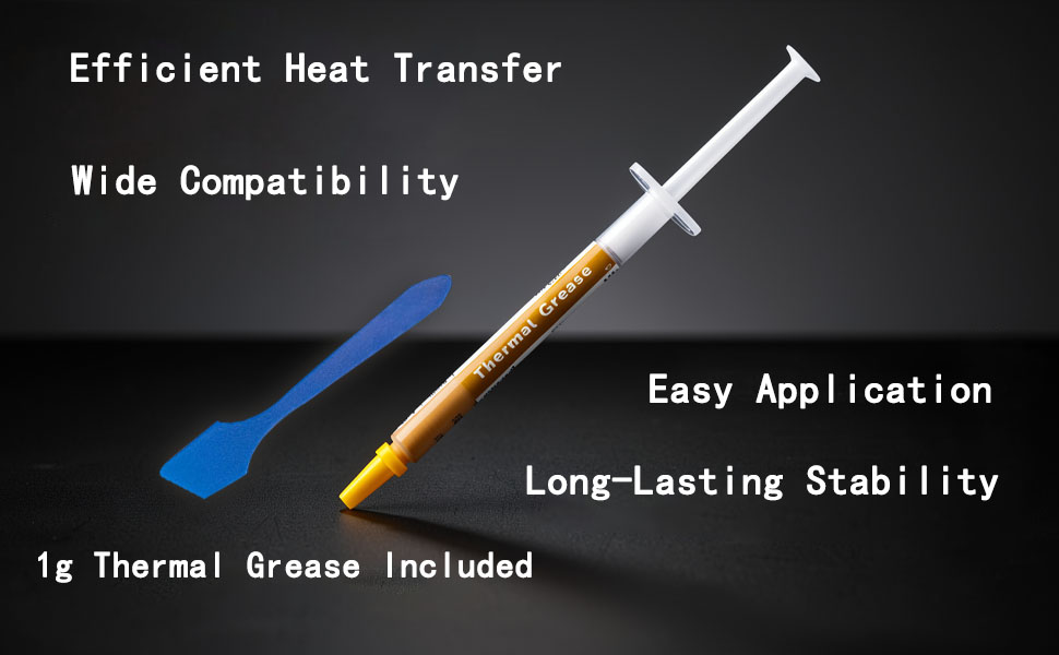 Gold thermal paste syringe and blue spreader for laptop CPU cooling.