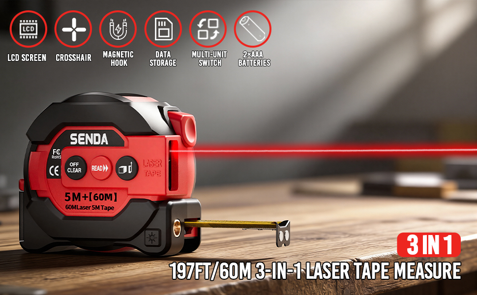 3-in-1 laser tape measure ruler 197Ft infrared digital measuring tape smart led display