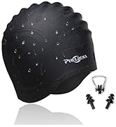 PHELRENA Swimming Cap Waterproof Premium Silicone Solid Long Hair Earmuffs Swim Cap Flexible Reve...