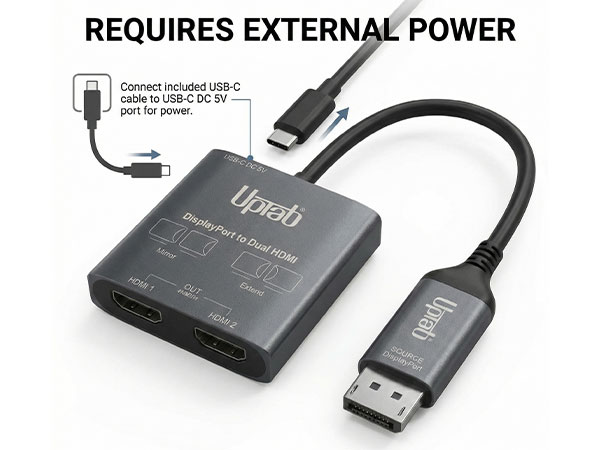 UPTab DP to 2-Port HDMI Splitter Adapter Extender Monitor Power