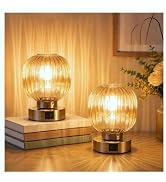 Elenhome Amber Touch Glass Table Lamp Set of 2, 3-Way Dimmable Bedside Lamps with USB-C and USB-A...