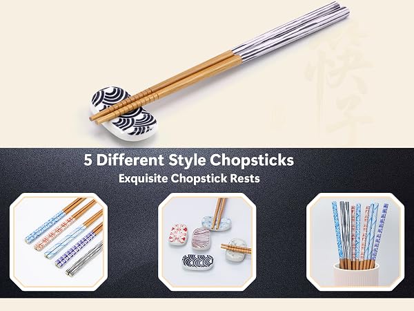 Reusable Bamboo Chopsticks and 5PCS Ceramic Rests Set