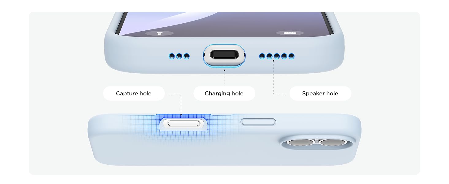 Close-up of smartphone port details showing charging port and speaker configuration in light blue casing.