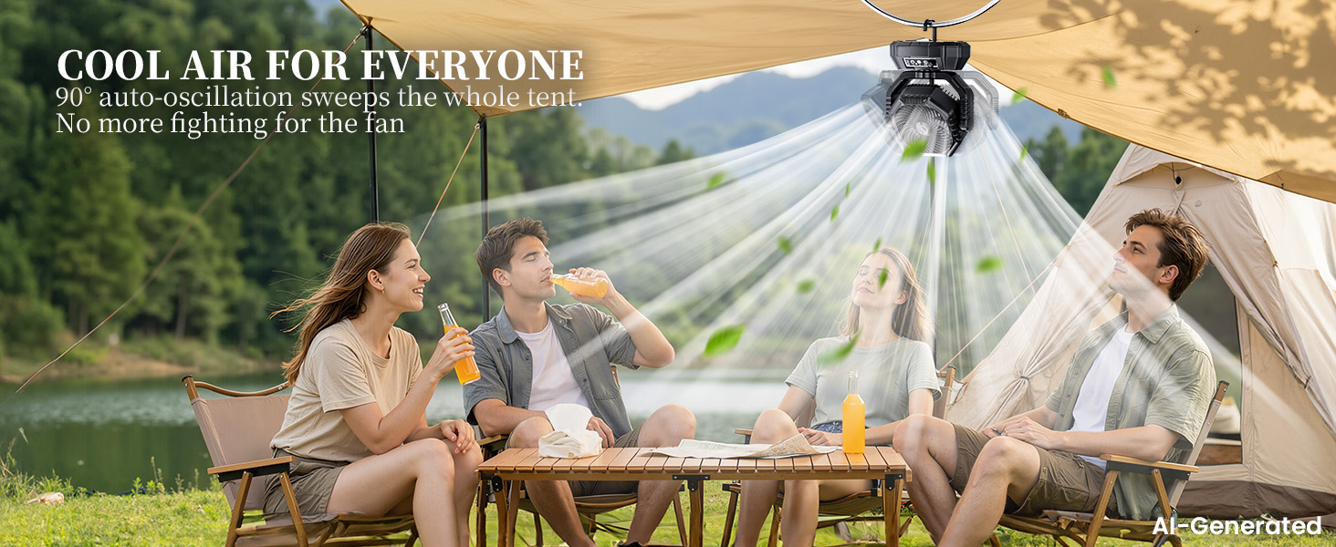 Portable fan for camping: 90° auto-oscillation sweeps the whole tent, cool air for everyone