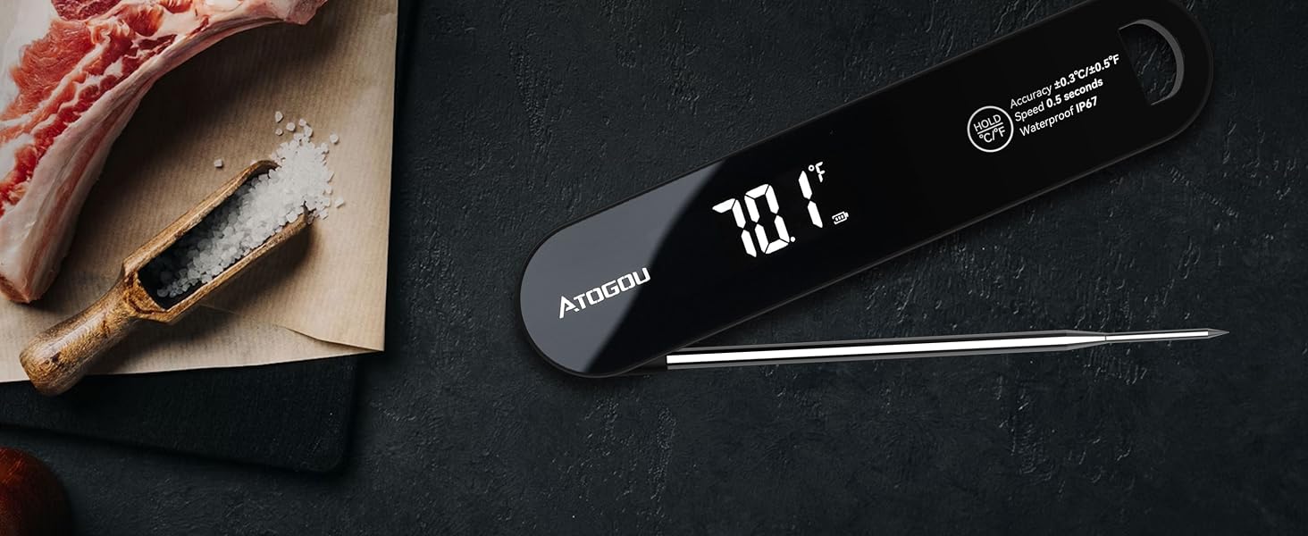 Atogou The Latest Food Thermometer. Faster: <1 Second Response time. More Accurate: ±0.5°F (0.3°C)