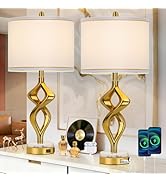 28.5" Modern Sculptural Living Room Table Lamps Set of 2 with USB A+C & AC Outlet, Gold Bedside T...