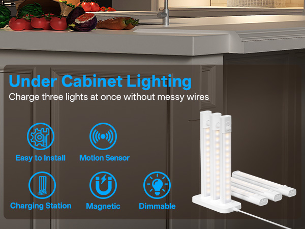 Text reads 'Under Cabinet Lighting'. Shows multiple white LED light bars with features like 'Easy to install' and 'Motion Sensor' indicated. Installation demonstration under kitchen cabinets.