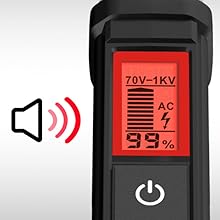 Digital meter display showing 70V-1KV AC measurement range with percentage indicator and power button, featuring sound wave indicator icon.