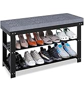 SMIBUY Shoe Rack Bench, 3-Tier Sturdy Bamboo Shoe Organizer with Upholstered, Storage Shelf for E...