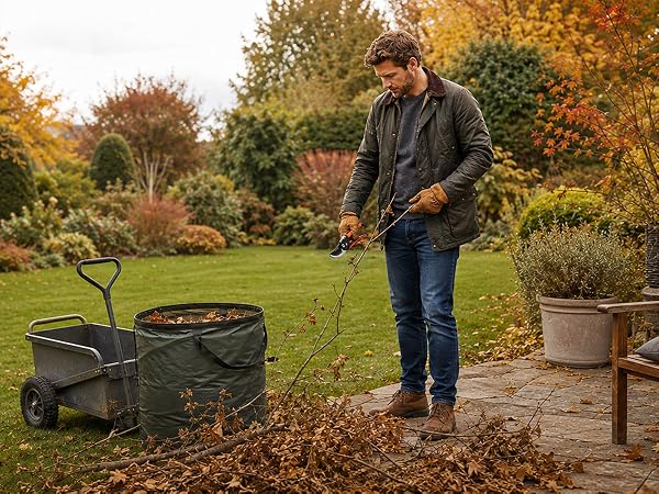 Man in dark jacket using garden leaf collector with wheels on lawn. Metal collection bin attached to wheeled cart on grass with autumn foliage in background.