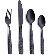 Matte Black 24 Pcs Silverware Flatware Set of 6, FULLYWARE Stainless Steel Hammered Tableware Cut...