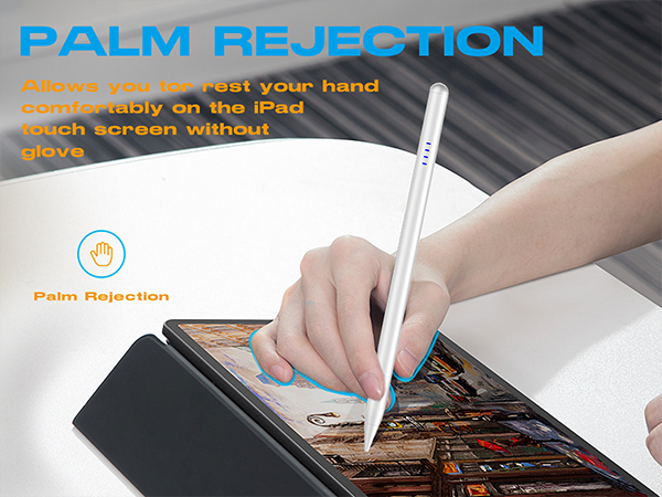 Digital stylus demonstration showing palm rejection feature on tablet screen, with blue text overlay explaining functionality.