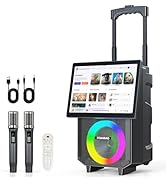 HUABAO Karaoke Machine with 14.1" Rotatable HD Screen & Handle & Wheels, Portable Bluetooth Speak...
