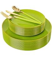 DaYammi 150Pcs Sage Green Plastic Plates & Gold Cutlery with Green Handle,green Disposable Plates...
