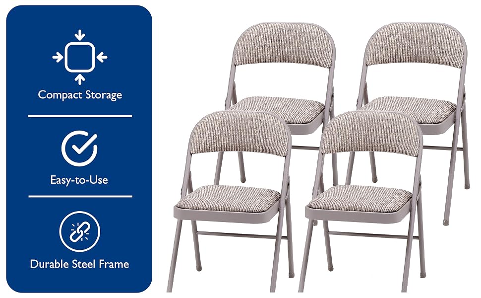MECO Sudden Comfort Deluxe Metal Fabric Padded Folding Chair Set, Gray (4 Pack)
