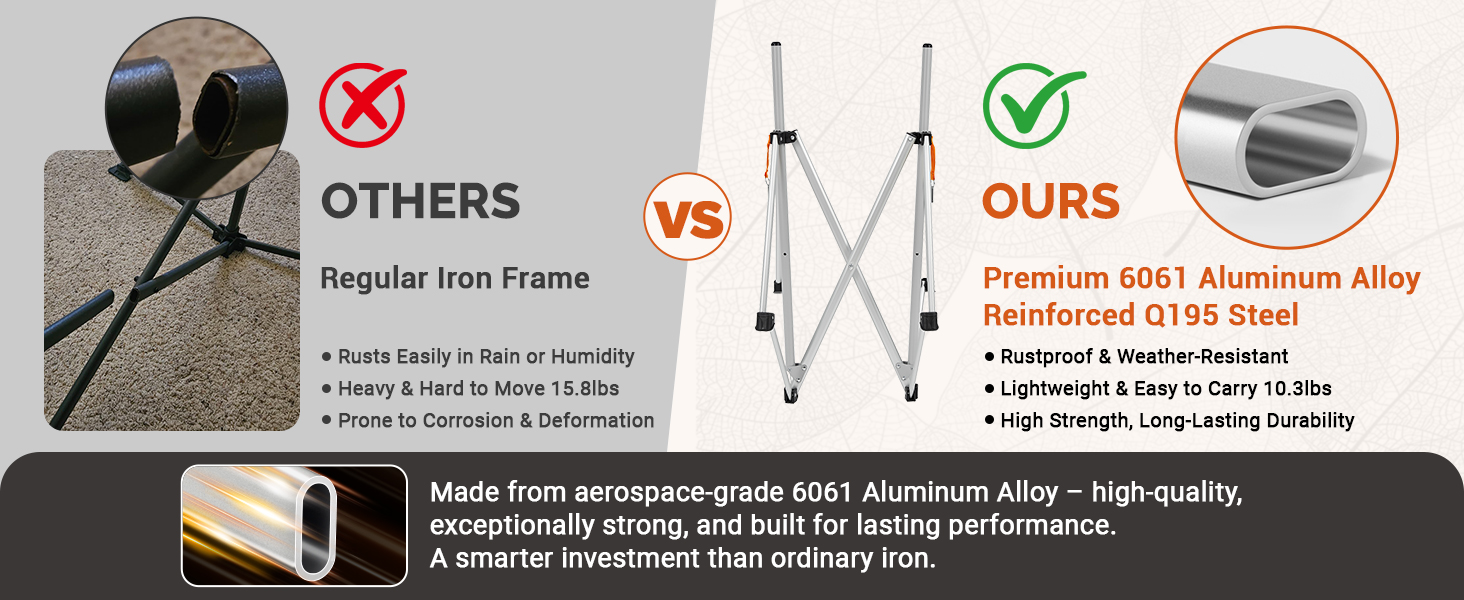 Aircraft-grade aluminum + steel: 400 lbs capacity, 11.4 lbs weight – durable & portable